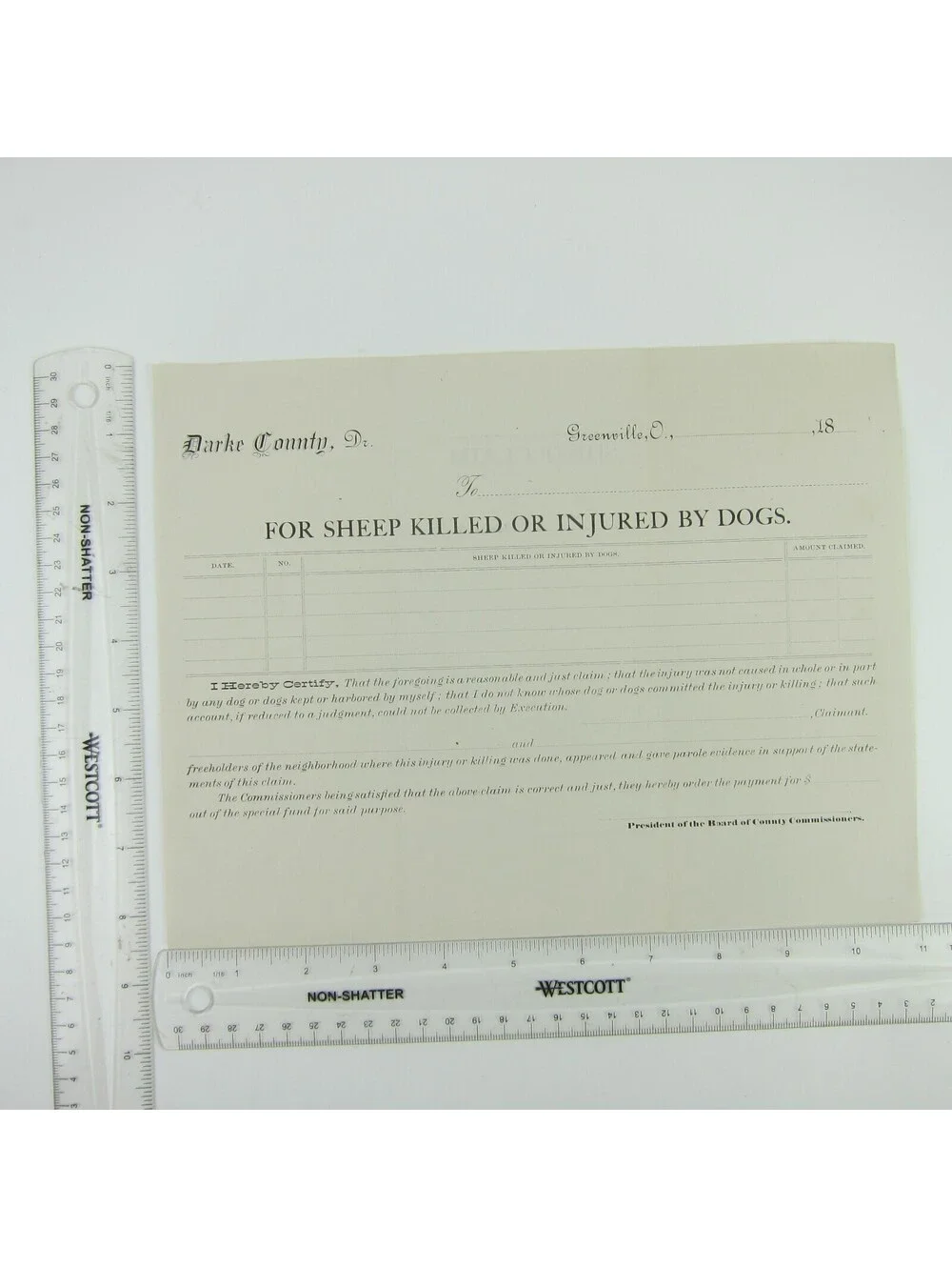 Antique 1800s Darke County Greenville Ohio Police Record Form Blank Sheep Claim